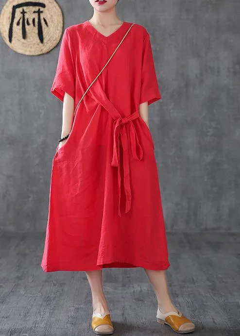 Classic Women's Clothing Styles Day-To-Night Styles Unique red linen clothes v neck Maxi Dress