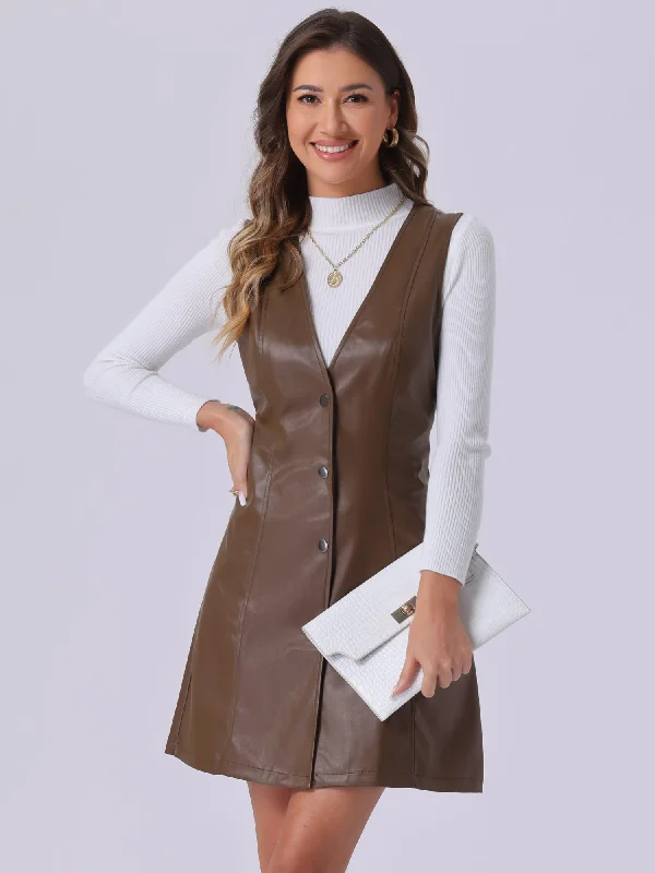 Women's Vacation Outfit Set Limited Styles Faux Leather Button Down V Neck Sleeveless Mini Overall Pinafore Dress