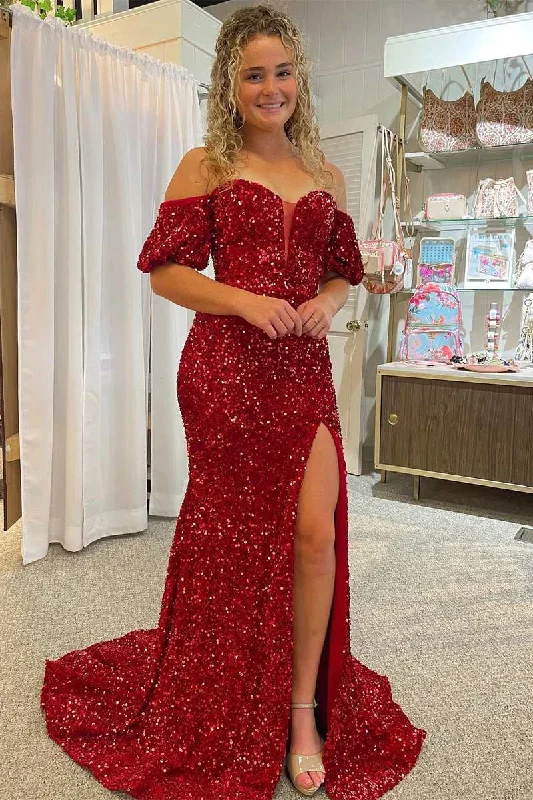 Women's Everyday Apparel Exclusive Sale Red Sequin Off-the-Shoulder Mermaid Long Prom Gown with Puff Sleeves