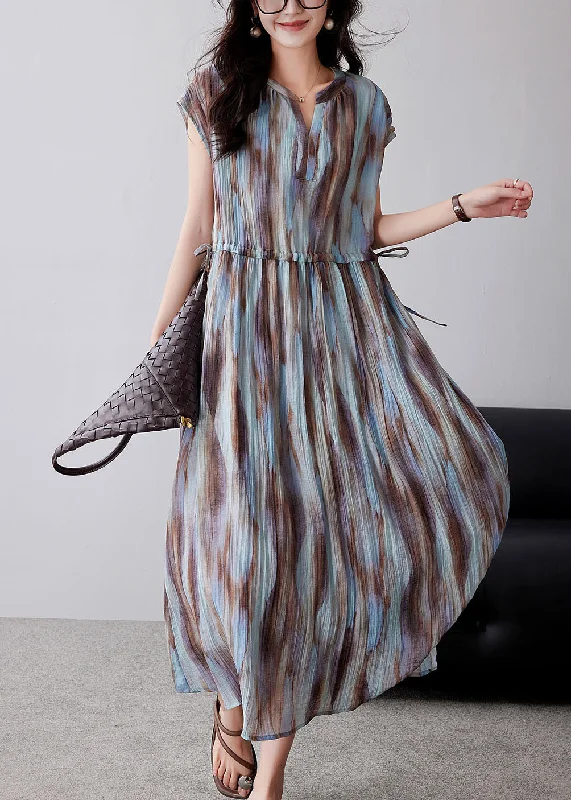 Affordable Luxury Women's Apparel Elegant Contour Organic Khaki Cinched Tie Dye Chiffon Maxi Dresses Summer