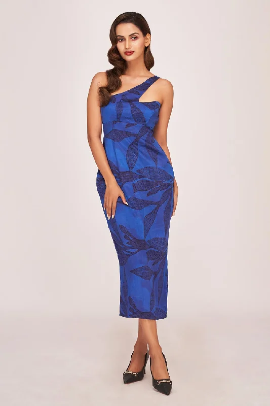 Women's Elegant Clothing Sets Statement Piece Blue Printed One-Shoulder Midi Dress