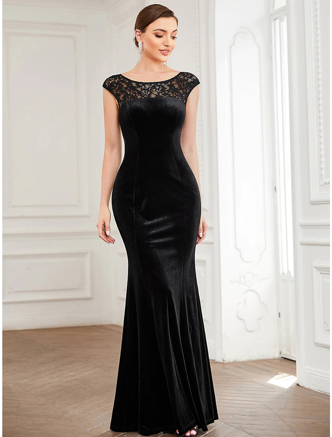 Women's Trendy Apparel Budget Friendly Fashion Evening Gown Elegant Dress Formal Floor Length Short Sleeve Velvet Lace Insert