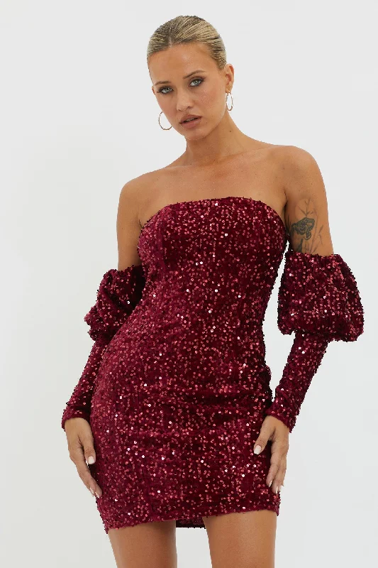 Women's Urban Clothing Everyday Wear Merry & Bright Sequin Mini Dress Wine