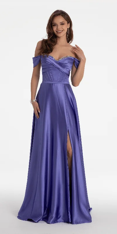 Women's Festive Attire Nordic Minimalist Home Look Satin Off the Shoulder Corset Ballgown with Rhinestone Edging