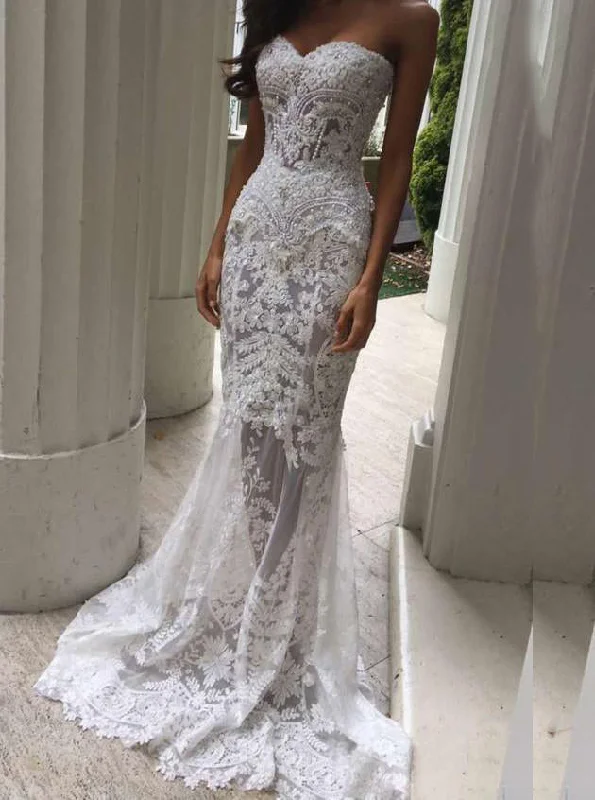 Women's Casual Apparel Fashion Forward Sexy Mermaid Sweetheart Lace Appliques Beach Wedding Dress OW325