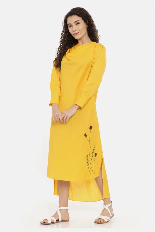 Women's Athletic Outfit Now On Sale For Chic Urban Styles Yellow High-Low Cowl Midi Dress