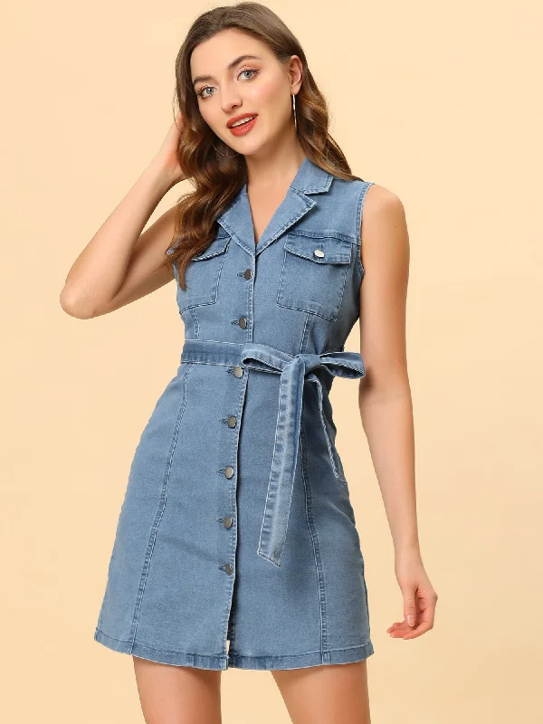 Modern Women's Outfit Essentials On Sale Button Down Notched Lapel Sleeveless Belted Denim Dress