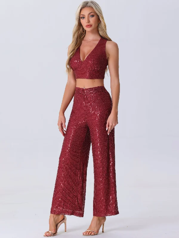 Women's Fashionable Attire For Work Sophisticated Outfits 2 Pieces Sequin Sparkle Sleeveless Cropped Top & Wide Leg Pants Set