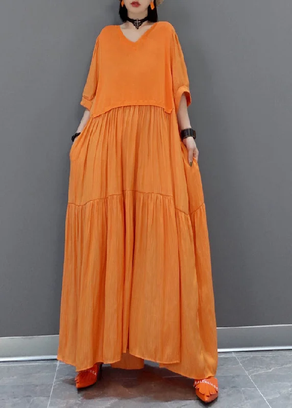 Comfortable Women's Apparel Minimalist Chic Italian Orange V Neck Patchwork Holiday Maxi Dress Summer