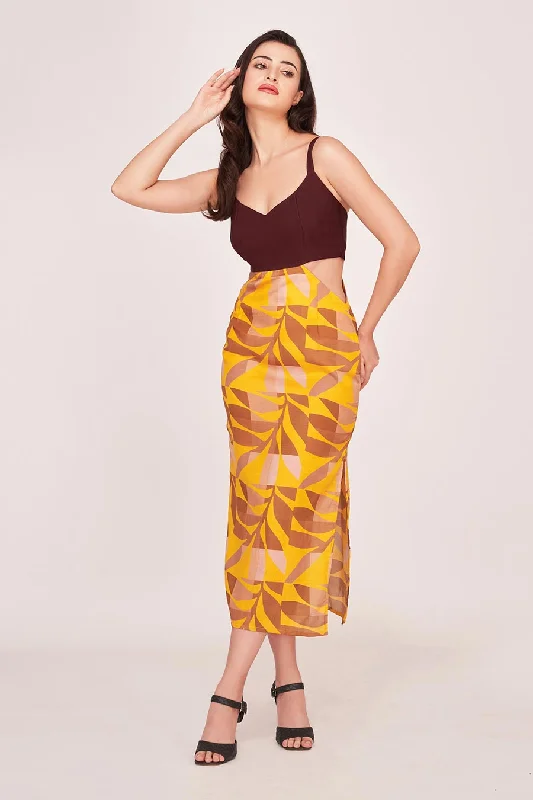 Sustainable Women's Clothes Classic Appeal Yellow & Brown Printed Midi Dress