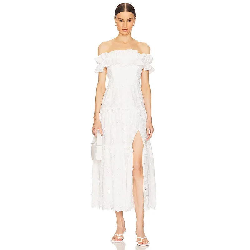 Women's Formal Event Clothing Chic Allure Off Shoulder Sleeveless Pure White Midi Dress KLYF1117