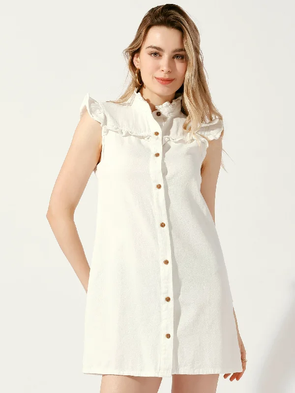 Women's Vintage Attire Everyday Wear Denim Button Down Ruffle Sleeveless Summer Mini Jean Dress