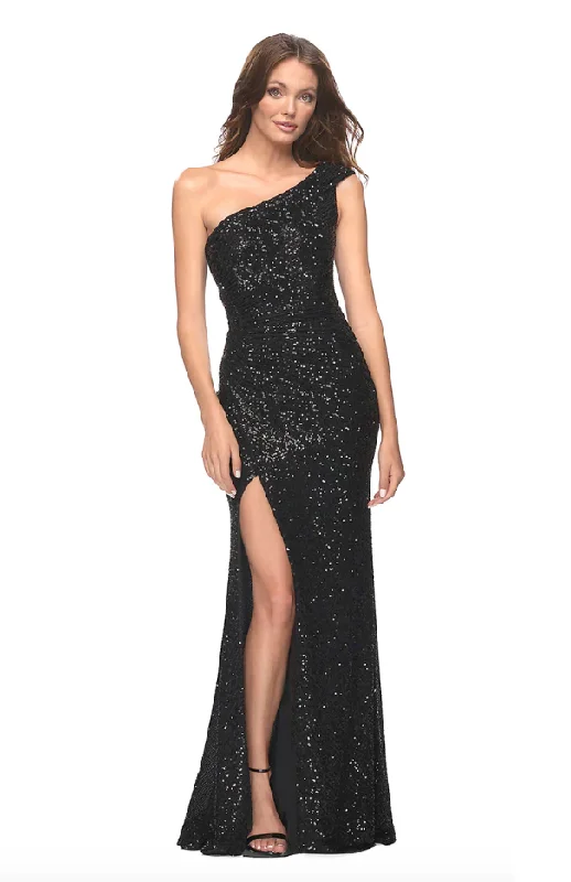 Women's Holiday Attire Parisian Effortless Chic Style ssb black one shoulder sequin gown