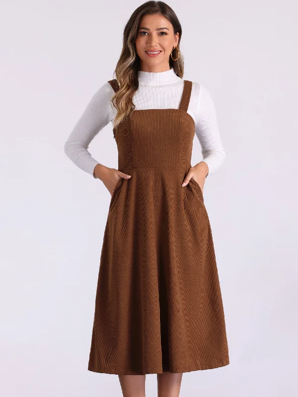 Women's Comfy Loungewear Outfit Chic Style Corduroy Pockets A-Line Sleeveless Casual Midi Pinafore Dress