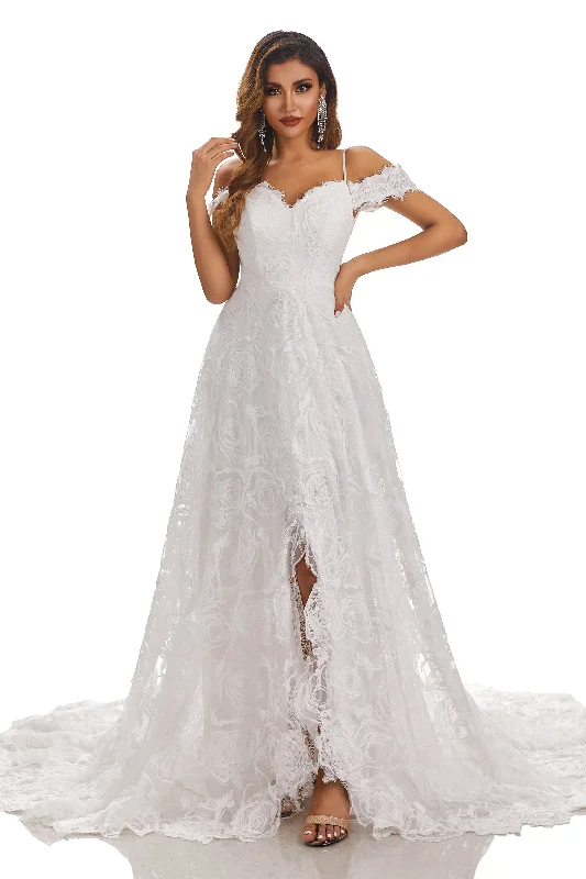 Classic Clothes For Women Elegant Details A-Line V-Neck Off-The-Shoulder Wedding Dress With Lace Appliques