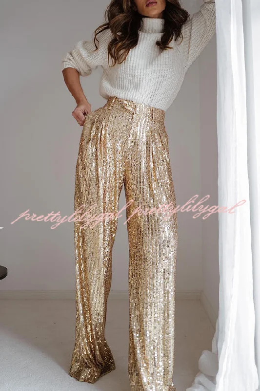 Casual Apparel For Women Limited Time Offer Spread The Light Sequin High Waist Pocketed Wide Leg Pants