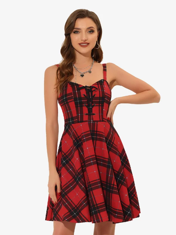 Women's Cozy Clothes Limited - Time Bundle Plaid Gothic Vintage Lace-Up Sleeveless A-Line Dress