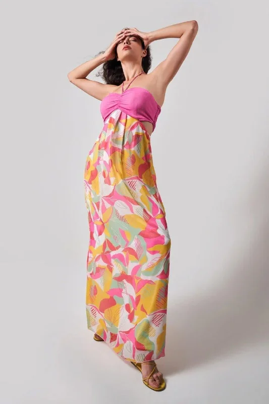 Women's Trendy Attire Vibrant Femme Fashion TROPICAL HALTER NECK MAXI DRESS