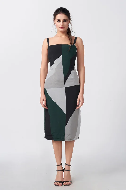 Women's Evening Clothes Bold Fashion Dark Green Abstract Printed Strap Midi Dress