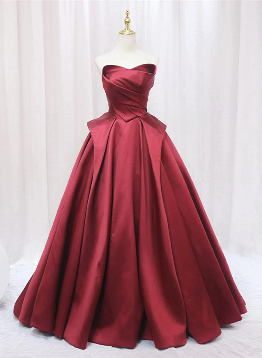 Women's Professional Outfit Modern Casual Clothing Wine Red Satin Long Party Dress, A-line Wine Red Prom Dress