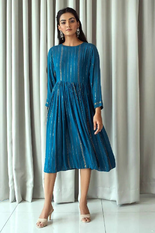 Women's Elegant Outfit End Of Month Blowout Blue & Gold Gathered Midi Dress