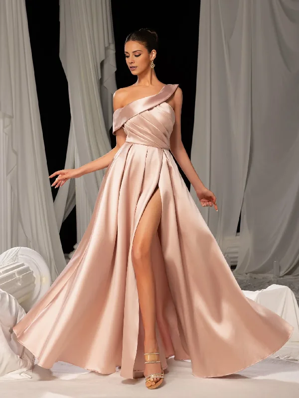 Vintage Clothing For Women Stylish Savings A-line asymmetrical collar satin side slit and floor length Prom Dress - LD Dress