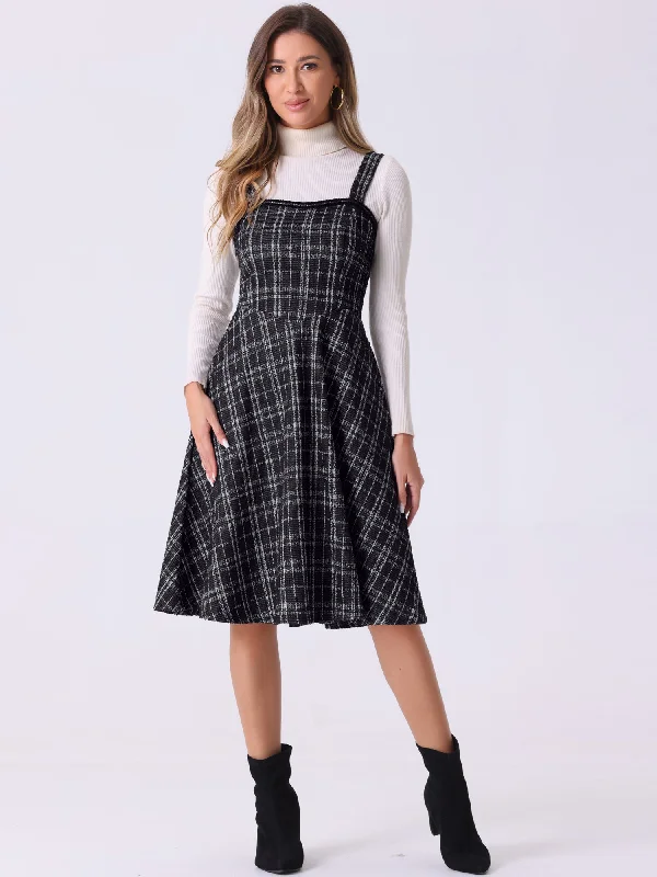 Women's Night-Out Outfit Seasonal Sale Tweed Plaid Sleeveless Pockets A-Line Pinafore Overall Dress