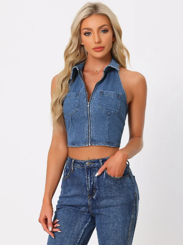 Women's Activewear Garments Casual Fashion Halter Denim Zipper Up Collared Sleeveless Jean Corset Crop Top