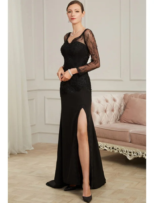 Women's Evening Clothes New In This Season Evening Gown Sexy Dress Party Long Sleeve V Neck Chiffon  Beading Slit Appliques