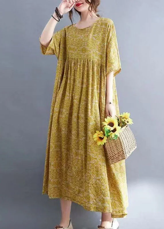 Women's Trendy Garments Casual Chic Classy Yellow Patchwork Wrinkled Maxi Dress Half Sleeve