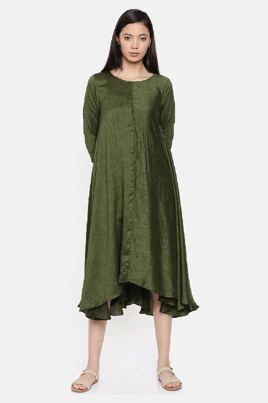 Women's Clothing Outfit Set Feminine Soft - Hued Styles Rust Green Midi Dress