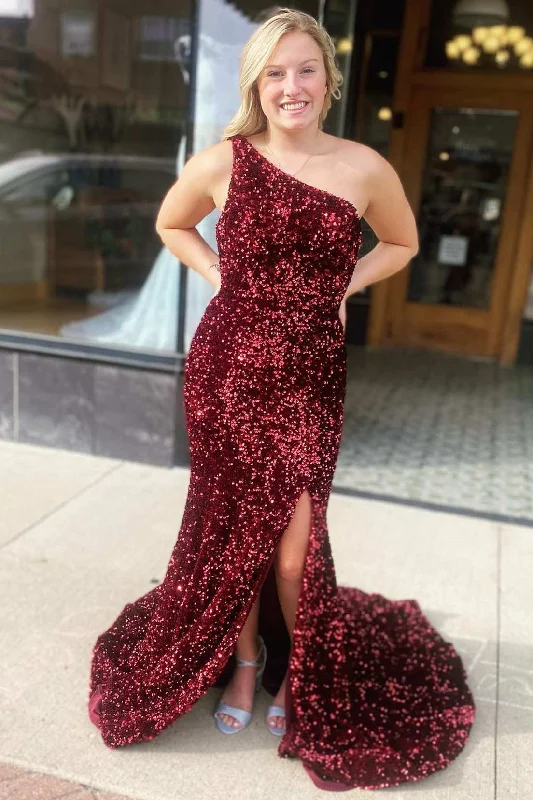 Women's Athleisure Apparel Exclusive Sale Wine Red Sequin One-Shoulder Long Prom Gown with Slit