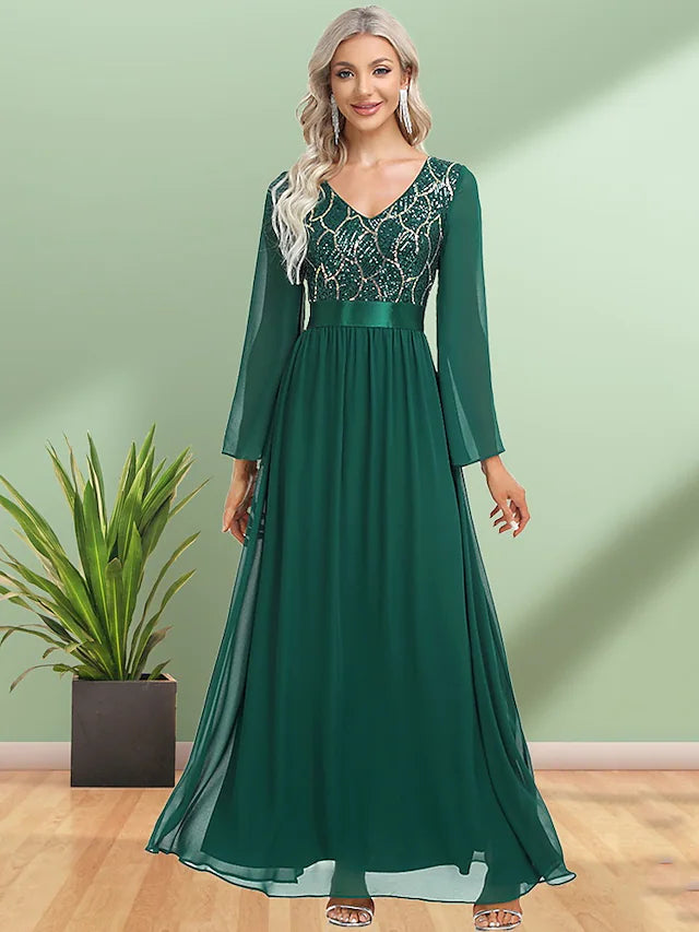 Women's Wardrobe Apparel Trendy Styles A-Line Evening Gown Elegant Dress Party Wear Floor Length Long Sleeve V Neck Chiffon with Sequin