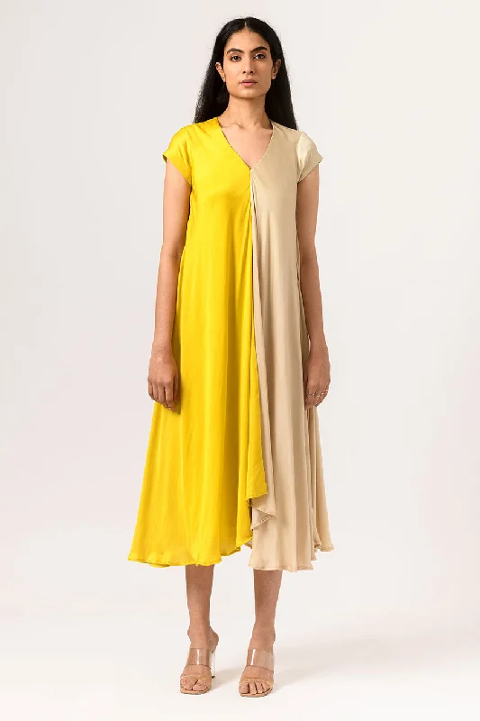 Women's Fashionable Clothing Sets Minimalist Office - Ready Style Yellow-Ecru Half-n-Half Midi Dress