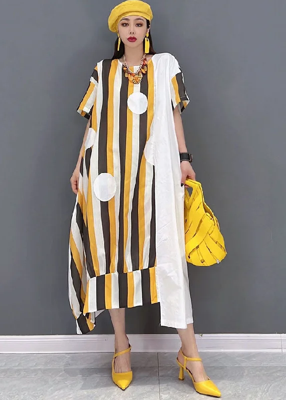 Women's Clothes For Work Events Holiday Sale Chic Yellow Asymmetrical Striped Print Patchwork Cotton Maxi Dresses Short Sleeve