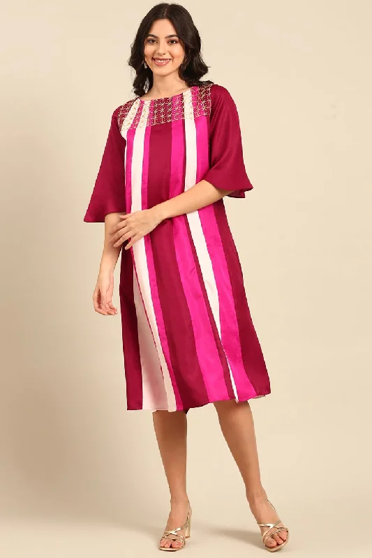 Women's Clothes For Outdoor Events Premium Fabrics Pink Striped Midi Dress