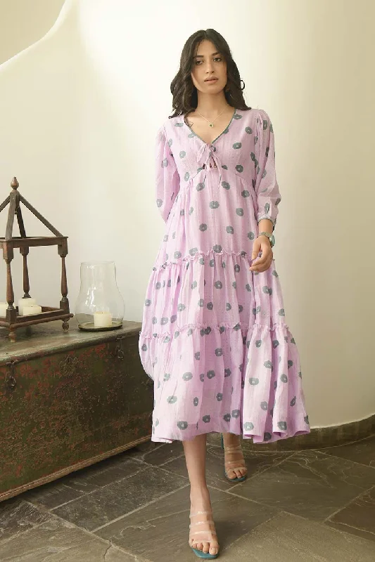 Women's High-End Clothing Rustic Countryside Charm Look Lavender 3-Tier Handwoven Midi Dress