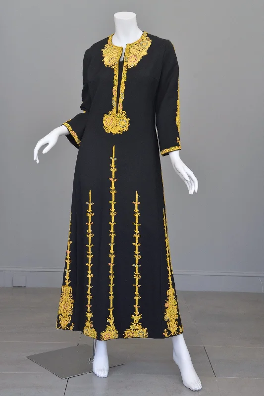 Chic Women's Garments Modern Casual Clothing 1970s Black Wool Gold Embroidered A-Line Caftan Maxi Dress