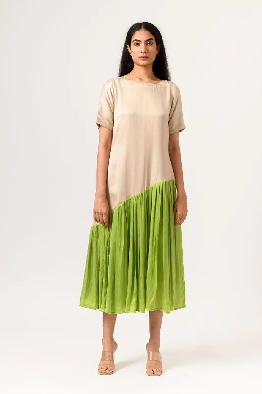 Women's Seasonal Wardrobe Clothing Effortless Sophistication Ecru-Green Gathered Midi Dress