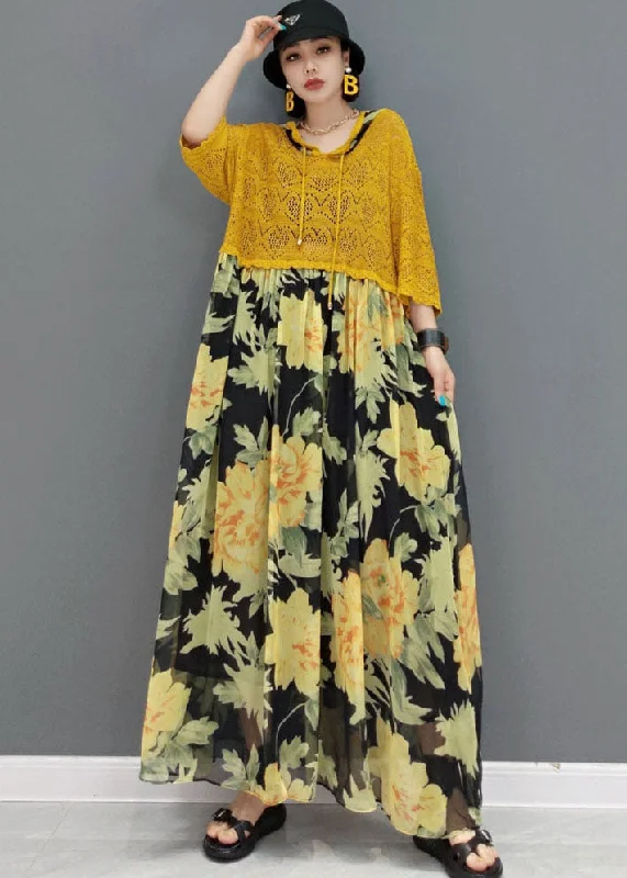 Women's Clothes For Special Occasions Big Savings On Rustic Countryside Styles Italian Yellow Hooded Patchwork Chiffon Lace Maxi Dresses Bracelet Sleeve