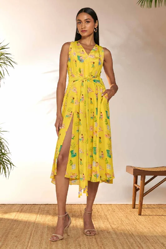 Women's Vintage Clothes Free Spirited Fashion Lemon Yellow Printed Midi Dress