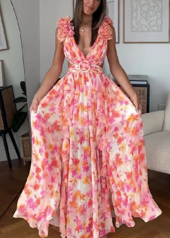 Women's Plus-Size Apparel Romantic Detailing Sexy Pink Ruffled Print Lace Up Cotton Maxi Dress Sleeveless