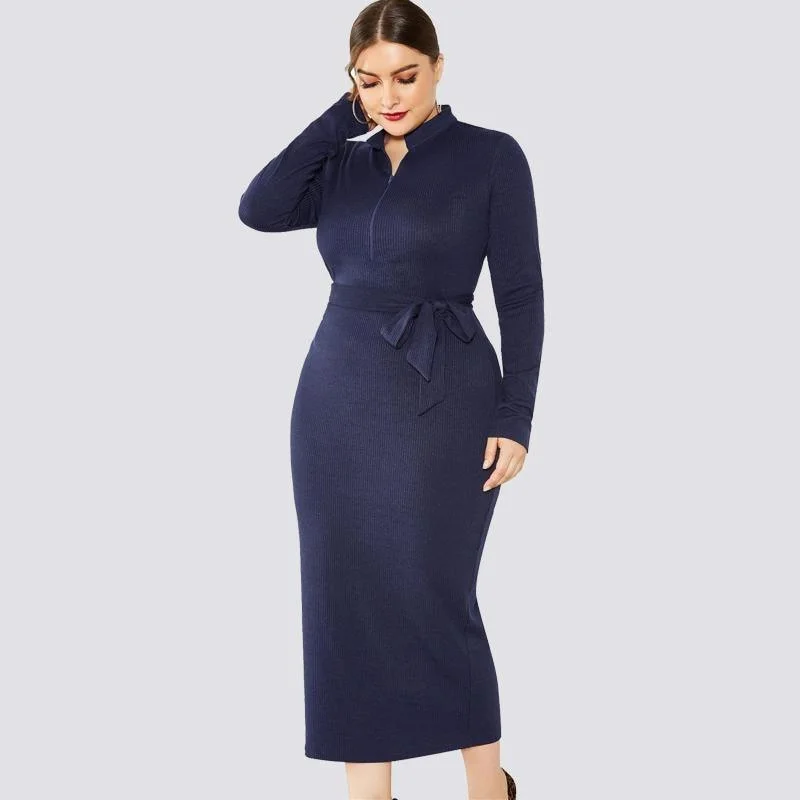 Women's Trendy Casual Outfit Fashion-Forward Solid Long-Sleeve Tie-Waist Midi Dress