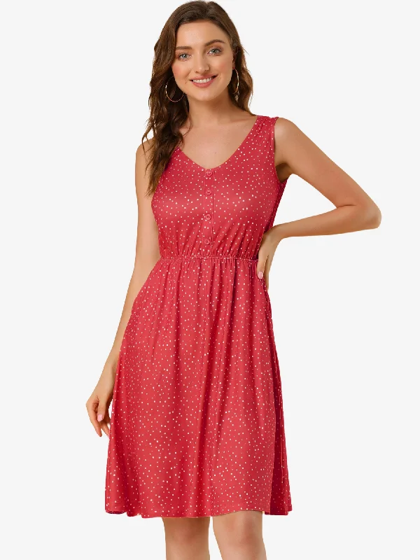 Women's Cozy Outfit For Lounging Brand Name Clothing Discount Extravaganza Polka Dots Sleeveless Dress Elastic Waist Midi Sundress with Pockets