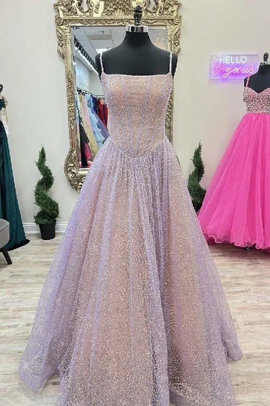 Women's Elegant Apparel Chic Outfits Princess Pink Sequins Straps A-Line Prom Gown