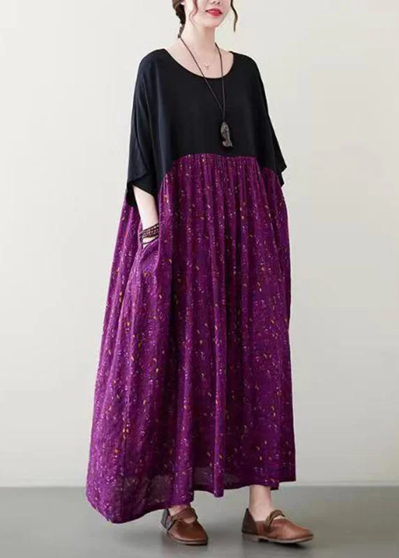 Women's Cozy Winter Attire Relaxed Style Plus Size Purple Patchwork Wrinkled Maxi Dress Summer