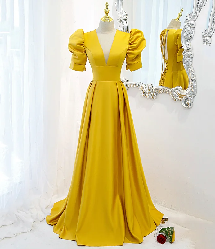 Women's Clothes For Work Events Special Occasion Wear Yellow satin long A line prom dress evening dress  8847