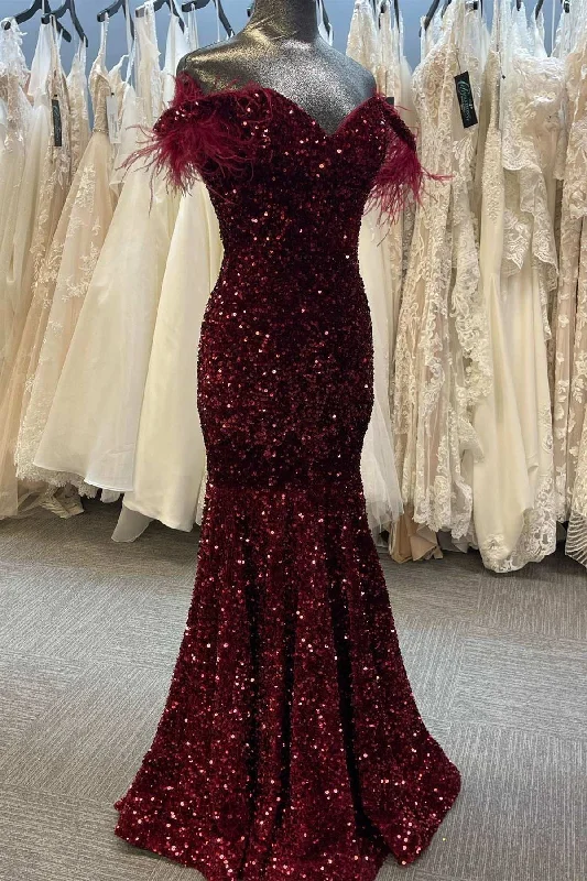 Fashionable Women's Casual Apparel Fashion Forward Burgundy Sequin Feather Off-the-Shoulder Mermaid Long Prom Gown