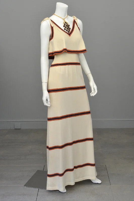 Women's High-Fashion Garments Relaxed Fashion 1970s Knit Maxi Dress with Flounce Top, Navy and Nutmeg Stripes, Italian knit by Crissa