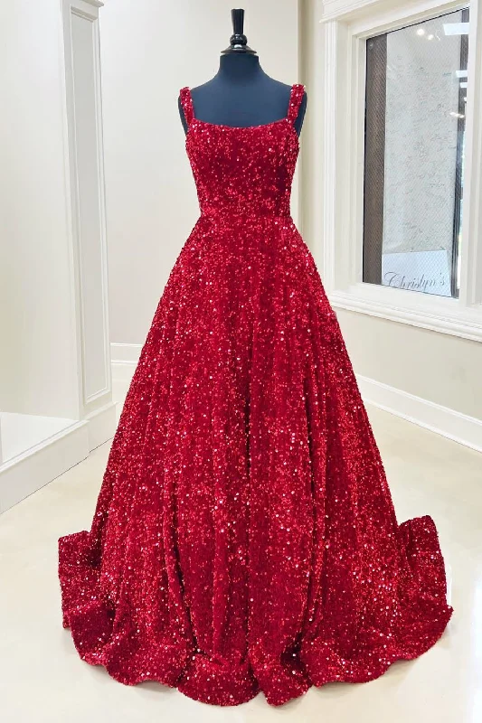 Chic Clothes For Women Save Big Red Sequin Square Neck Backless A-Line Long Prom Gown